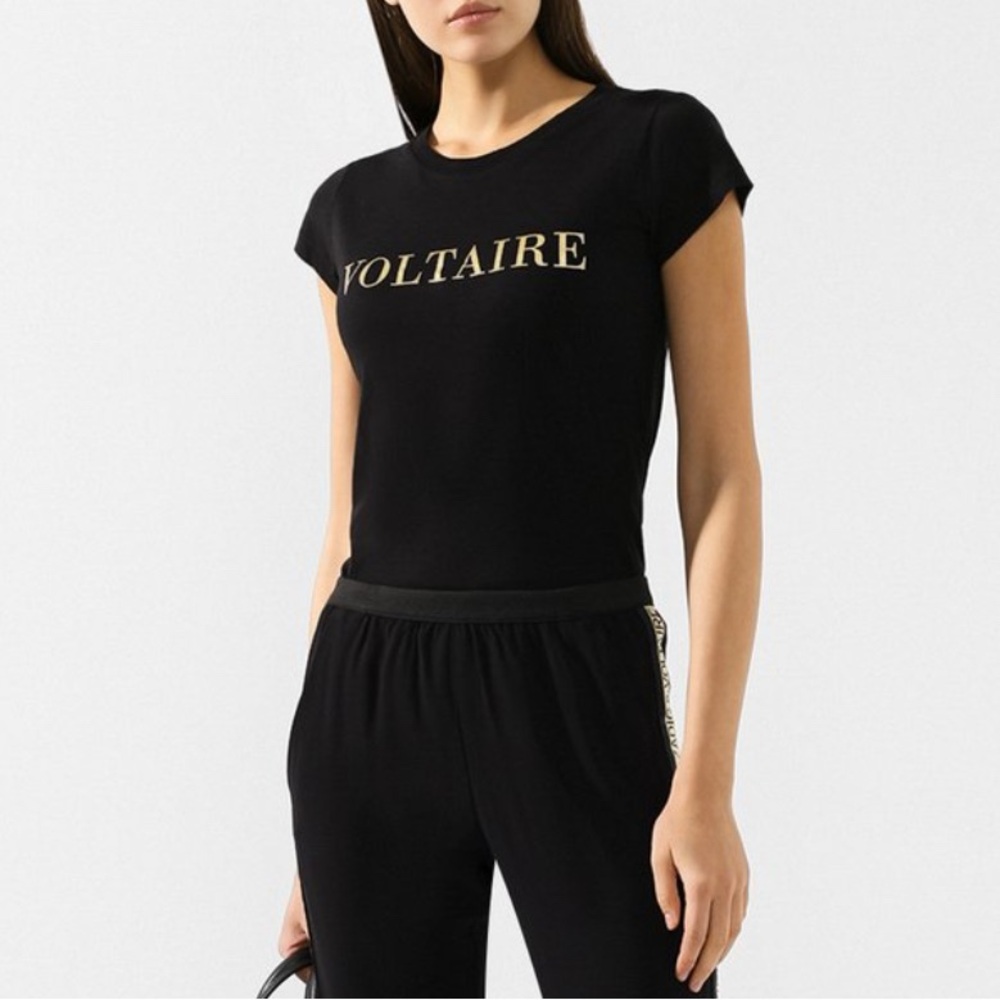 Zadig and Voltaire Skinny Logo Metallic TShirt Gold Black Short Sleeve SHTS1810F - Picture 4 of 13